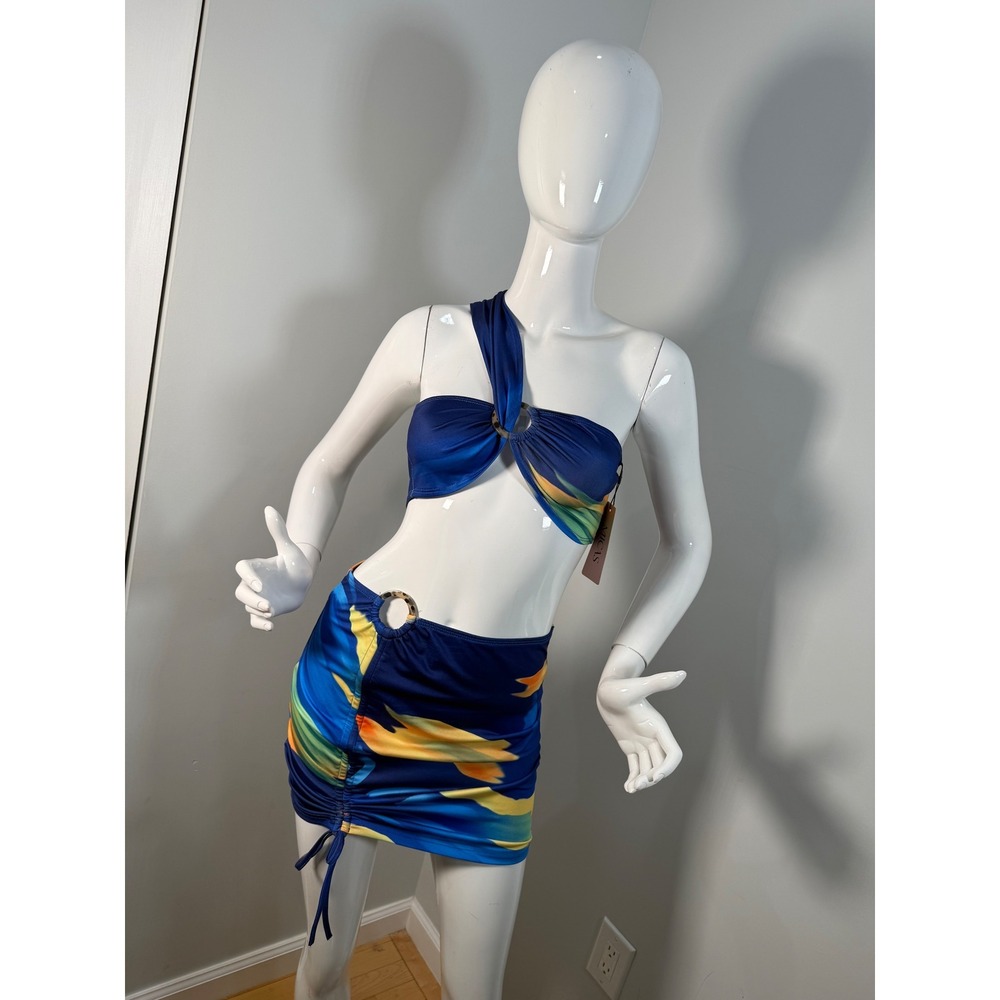 MICAS Multi Print One Shoulder Crop Top And Ruched Drawstring Mini Skirt Set M - Picture 9 of 13